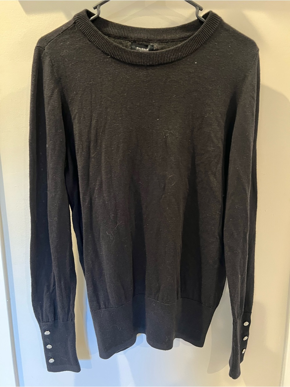 NWT Halogen Black Crewneck Sweater Rhinestone Button Cuffs Size Small